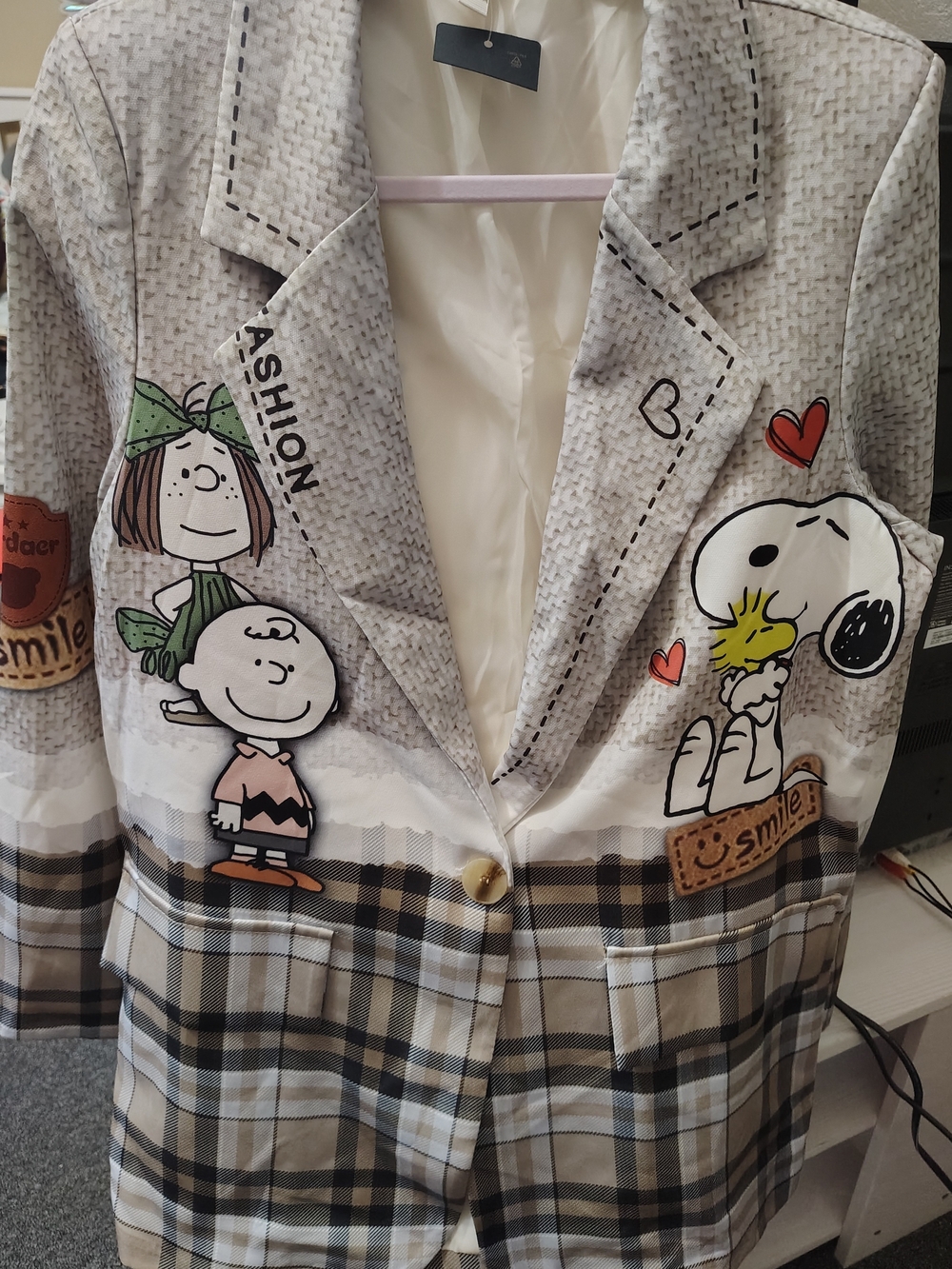 Women's Snoopy And Friends Plaid Blazer Jacket in Beige and Cream